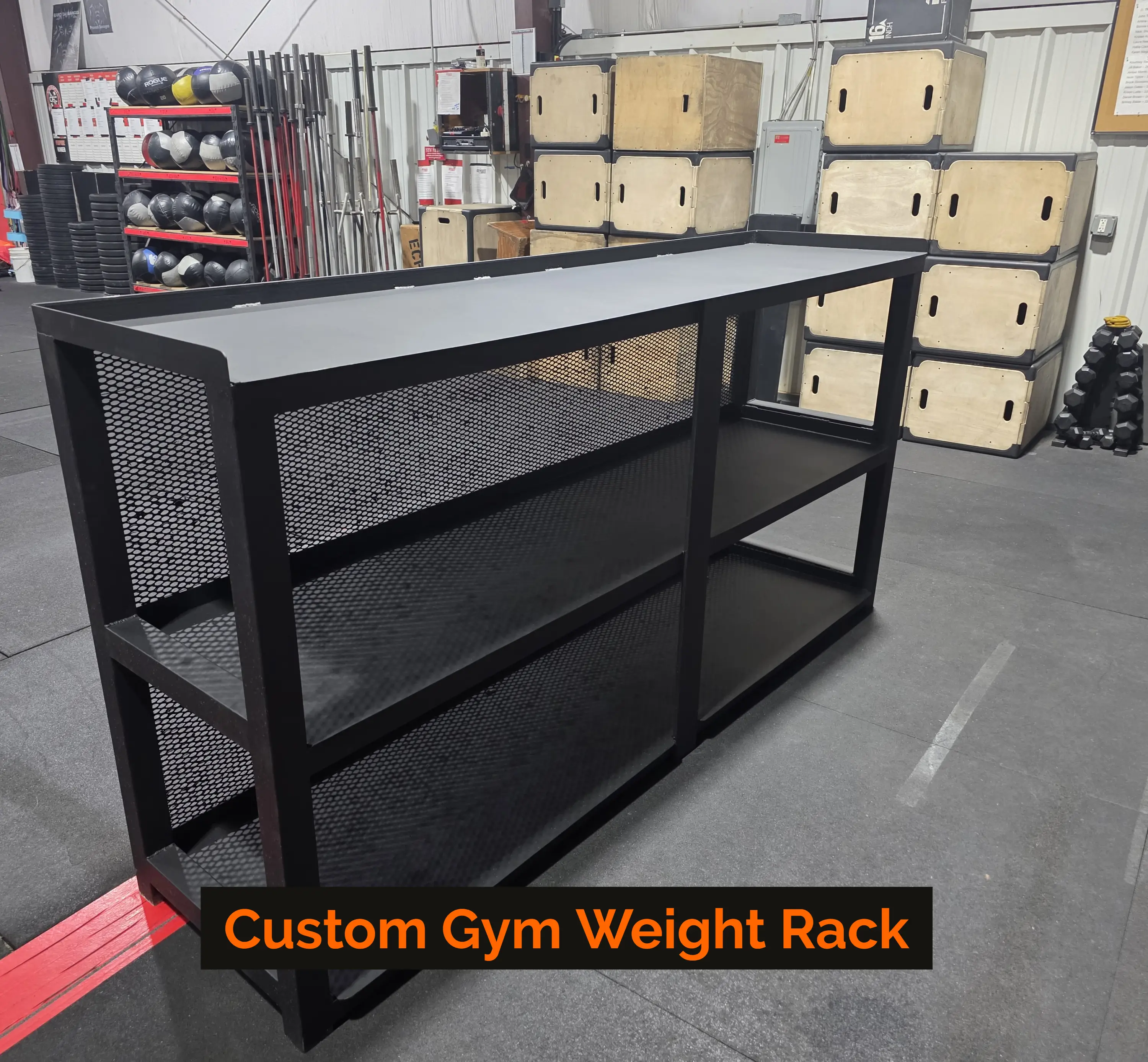 Custom gym weight rack, powder-coated steel, built by Russell MetalWRX